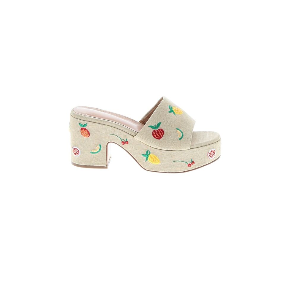 Beige Linen Fruit Embroidered Platform Mule Sandals Chunky Block Heel Y2K 11